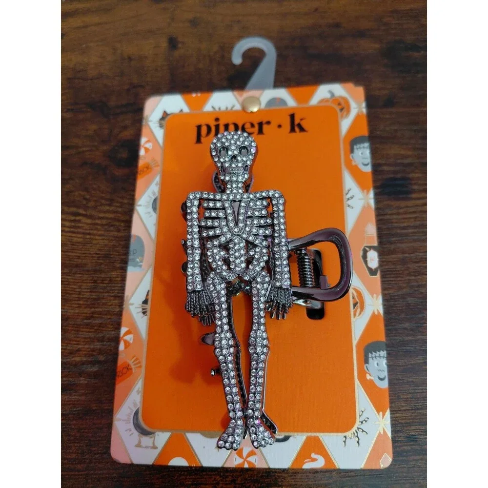 New Piper K Skelleton Hair Clip Metal Claw Enamel Rhinestones Halloween